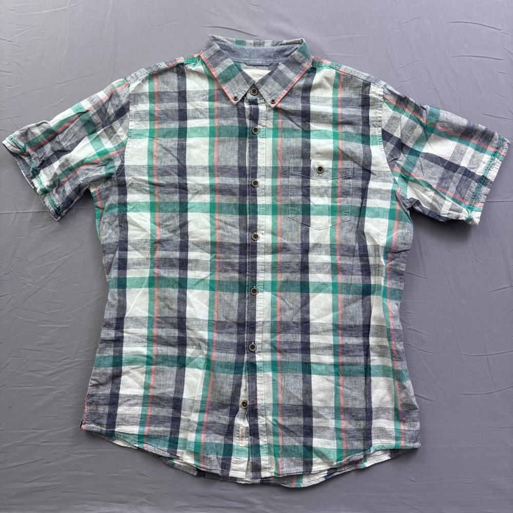 Weatherproof Vintage Mens XL Green Blue Plaid Linen Cotton Short Sleeve Shirt